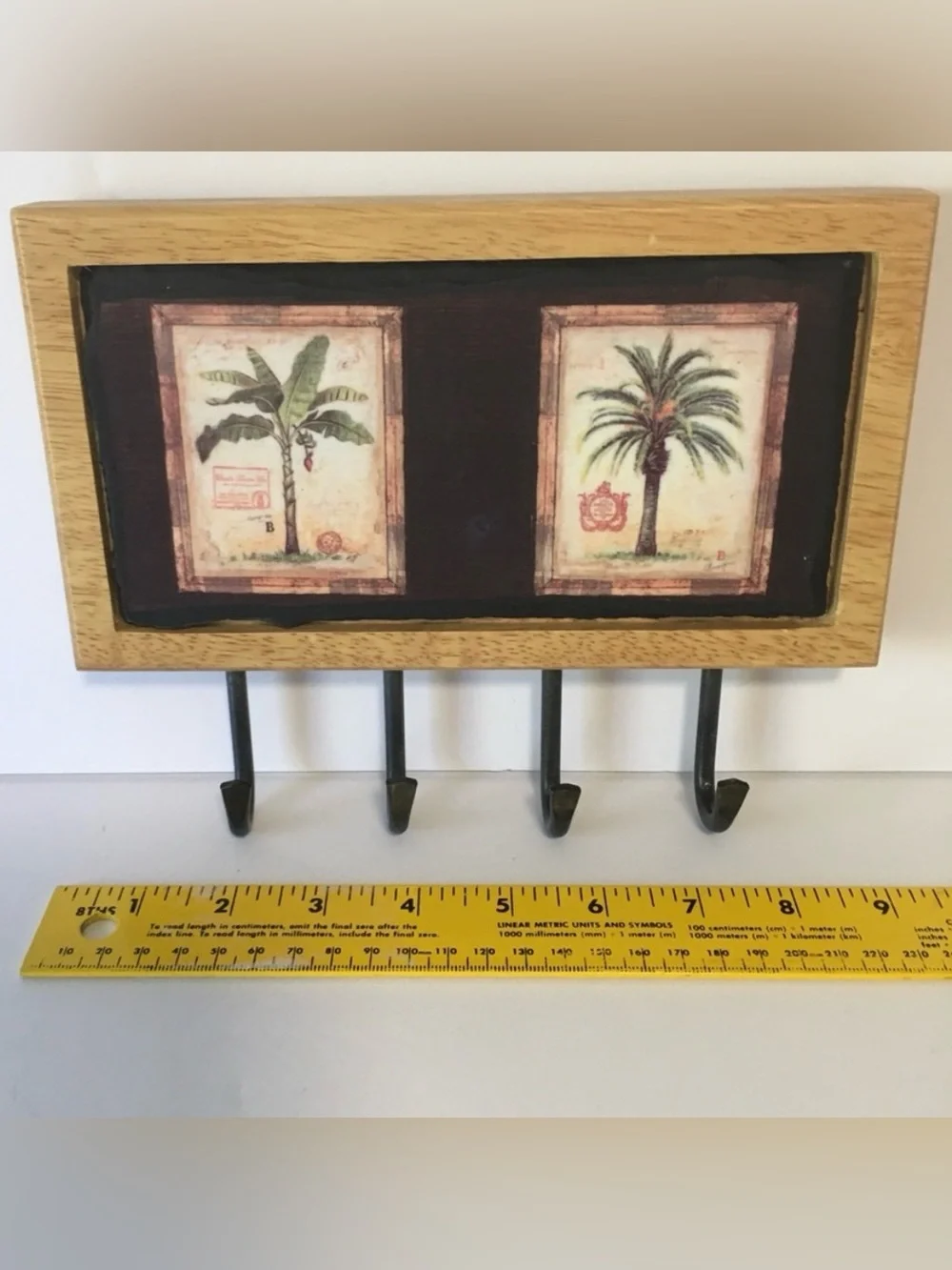 Vintage Tropical Palm & Banana Tree Wooden Wall Key Rack 4 Hooks
